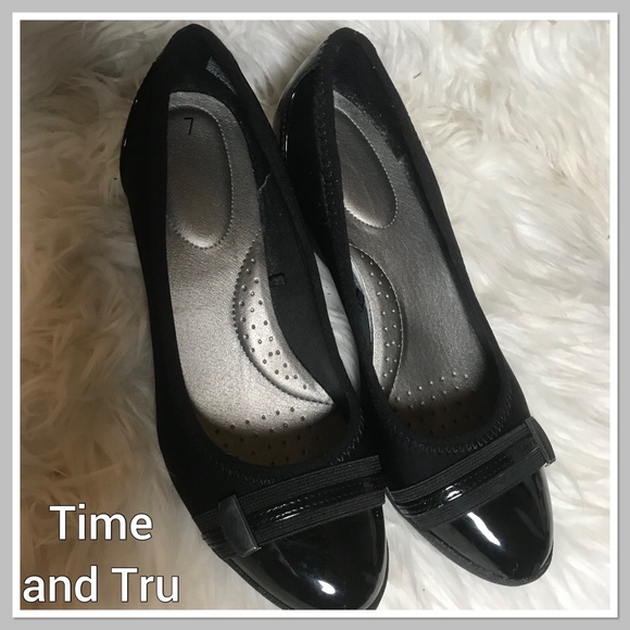 Time and Tru Shoes - Black Wedge patent-leather, poly shoes.